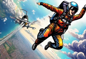 Black haired Woman skydiver jumping from plane with parachute tattoo idea