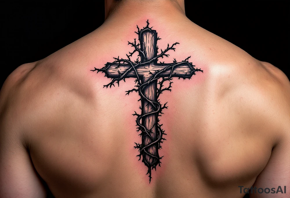 A detailed upside down cross with thorny vines wrapping around it, darkened with black ink and deep purple shadows, symbolizing struggle and resilience. tattoo idea