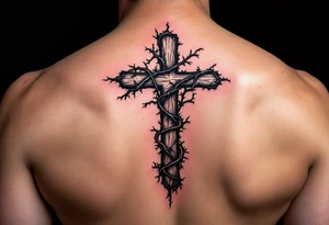 A detailed upside down cross with thorny vines wrapping around it, darkened with black ink and deep purple shadows, symbolizing struggle and resilience. tattoo idea