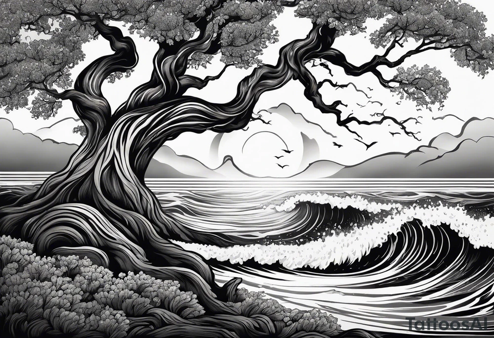 tall oak tree with roots growing around calming waves and a phoenix for forearm tattoo idea