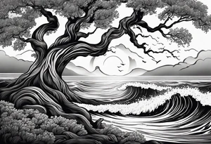 tall oak tree with roots growing around calming waves and a phoenix for forearm tattoo idea