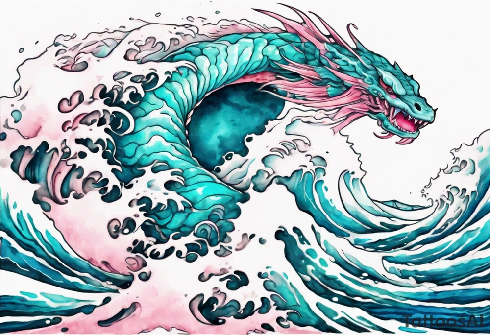 a beautiful turquoise and white and pink Leviathan rising from the blue waves of the ocean tattoo idea