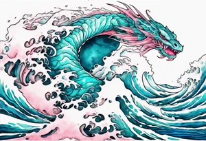 a beautiful turquoise and white and pink Leviathan rising from the blue waves of the ocean tattoo idea