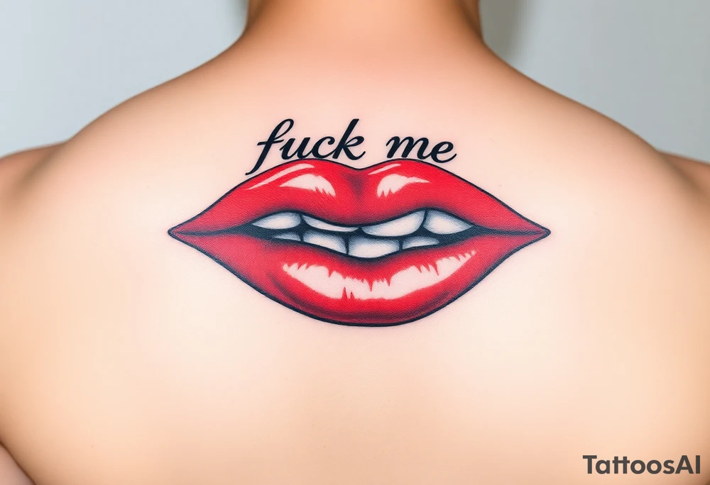 Red lips with fuck me written in the top lip tattoo idea