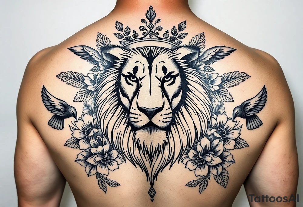 powerful majestic lion with a crown, surrounded by floral ornaments and birds tattoo idea