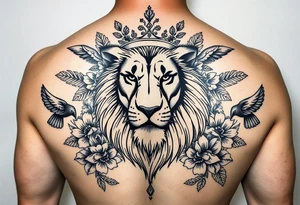 powerful majestic lion with a crown, surrounded by floral ornaments and birds tattoo idea