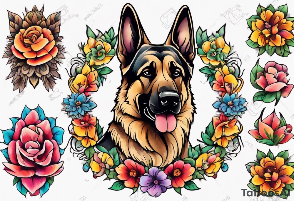 German shepherd portrait brightly colored flower frame tattoo idea