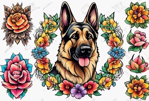 German shepherd portrait brightly colored flower frame tattoo idea