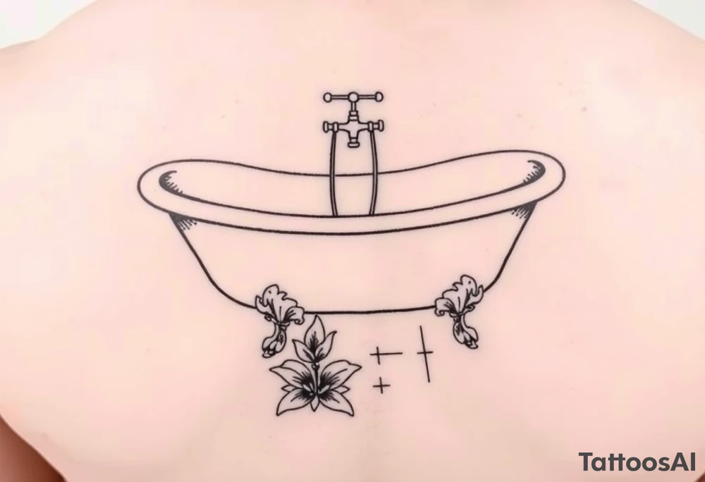 clawfoot bathtub with simple faucet and lily coming up out of the tile floor tattoo idea