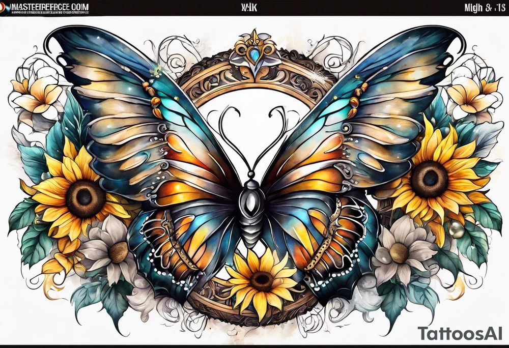 Sleeve with angel wings, sunflower and butterfly tattoo idea
