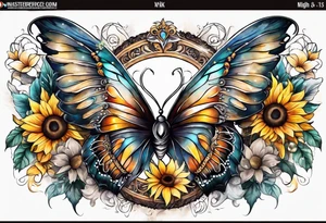 Sleeve with angel wings, sunflower and butterfly tattoo idea