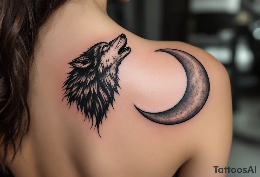 A howling black wolf for his shoulder blade and a silver crescent moon for her shoulder blade. tattoo idea