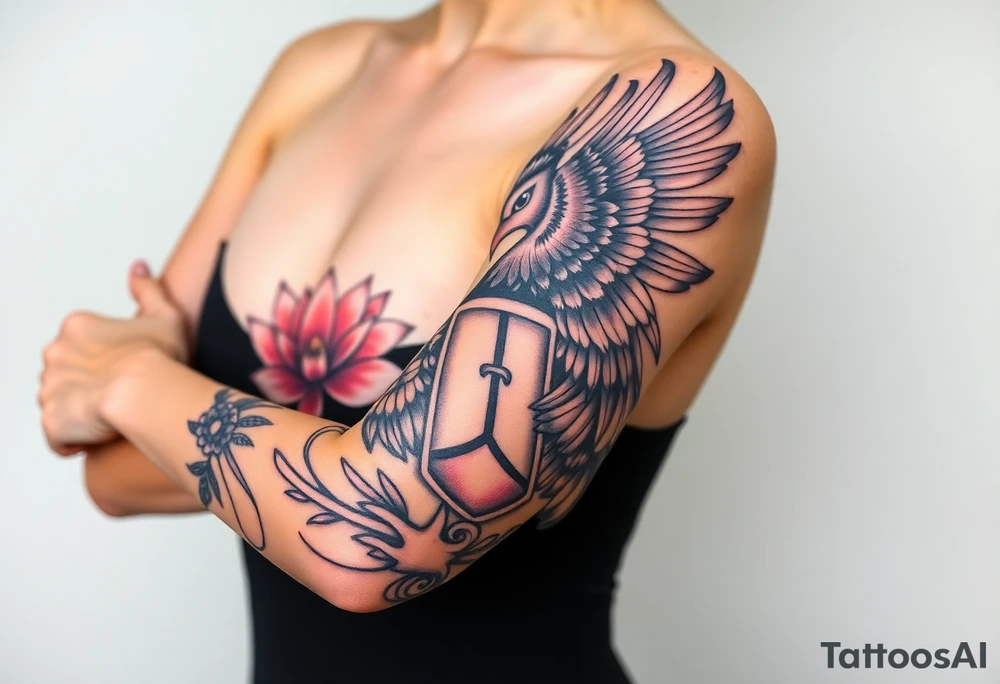 the phoenix and hour glass with lotus flower in kintsugi heart design tattoo idea