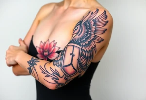 the phoenix and hour glass with lotus flower in kintsugi heart design tattoo idea