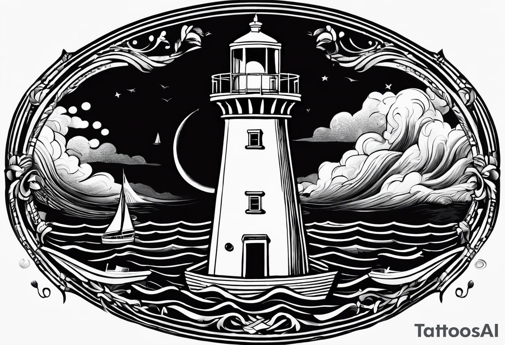phare maritime sur un petit bateau a voiles. tattoo idea