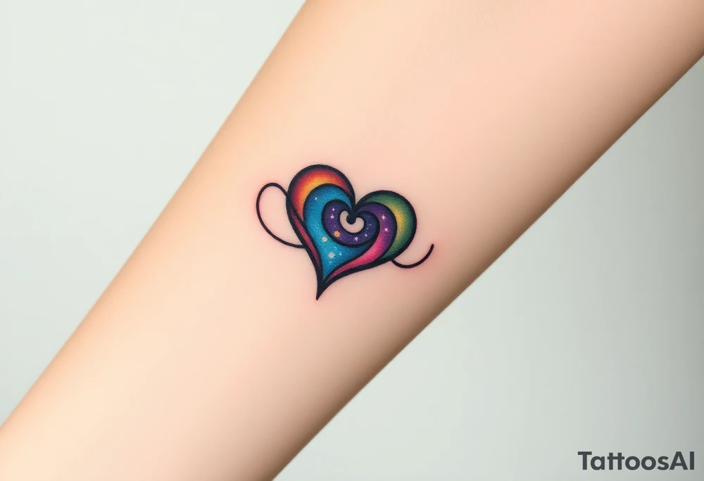 Fully depicted infinity symbol with a heart made of swirling galaxy patterns at its end tattoo idea