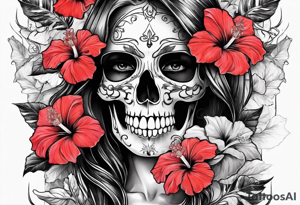 a female skeleton surrounded by hibiscus flower tattoo idea