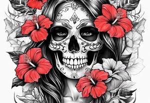 a female skeleton surrounded by hibiscus flower tattoo idea