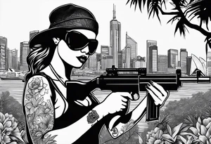 Woman wearing a ski mask holding a gun with graffiti as the background and a scenic view of Sydney city tattoo idea