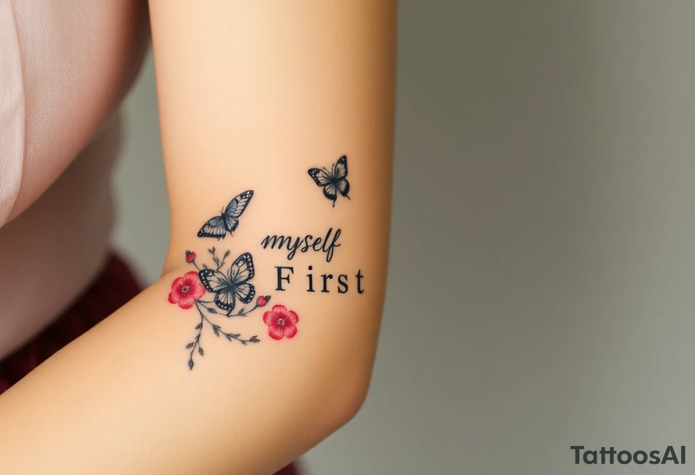 Love myself First with butterflies and flowers 
Letters L,M,N,O,P discreetly hidden among the foliage tattoo idea