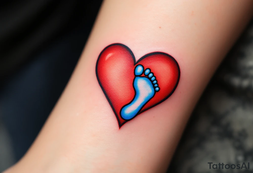 A red heart cradling a tiny blue baby footprint symbolizes eternal maternal love and protection. tattoo idea