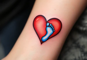 A red heart cradling a tiny blue baby footprint symbolizes eternal maternal love and protection. tattoo idea