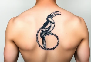 image of a Kalimantan ivory hornbill perched on a rattan woven circle tattoo idea