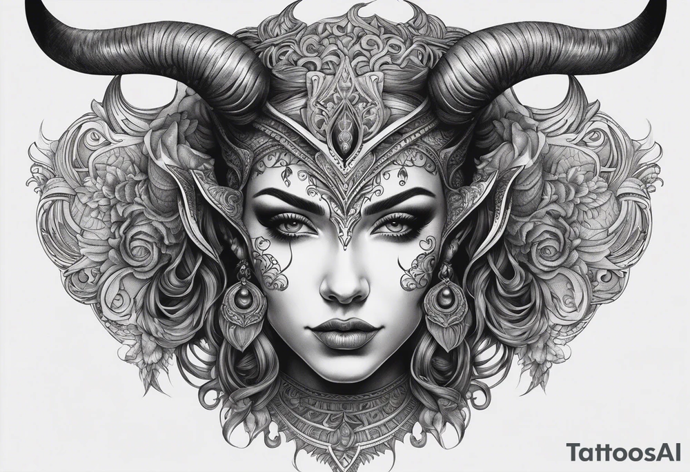 symmetrical woman head with curved horns facing downwards dark realism looking front facing view, ornamental horror metal on face tattoo idea