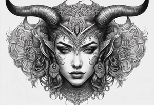 symmetrical woman head with curved horns facing downwards dark realism looking front facing view, ornamental horror metal on face tattoo idea