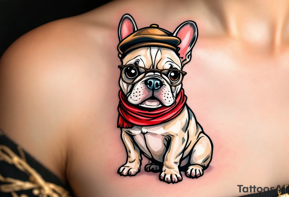 French Bulldog wearing a beret and red scarf, sitting proudly like a Parisian icon, with fawn-colored fur and a cheeky expression. tattoo idea