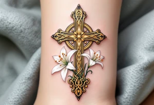 A golden Celtic cross with delicate white lilies blooming from its base, representing purity and divine love. tattoo idea