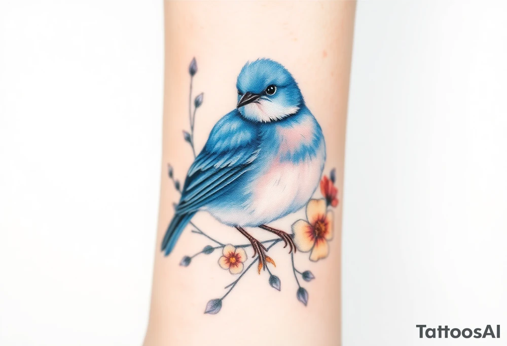 Puffy bluebird surrounded by wild flowers tattoo idea