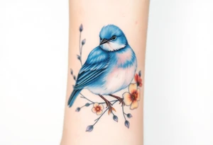 Puffy bluebird surrounded by wild flowers tattoo idea