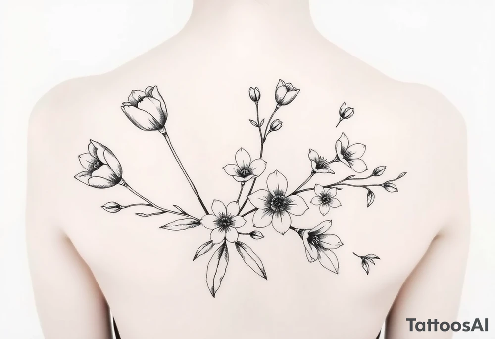 tulips, cherry blossoms and love creepers, floral arm wrap details tattoo idea