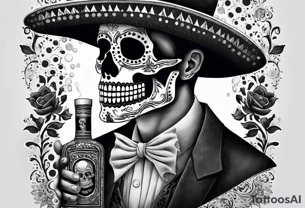 Mexico day of dead  man standing
 skeleton drink horizontal tattoo idea