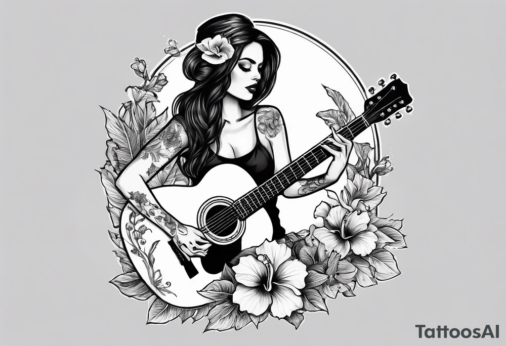 female skeleton playing guitar. Hibiscus flower tattoo idea