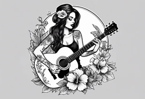 female skeleton playing guitar. Hibiscus flower tattoo idea