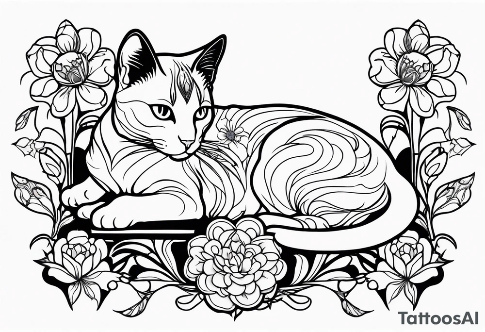 Art nouveau forearm tattoo of cat laying in flowers. tattoo idea