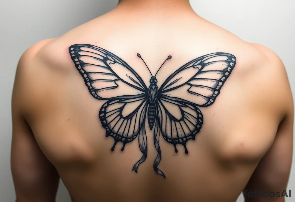 ethereal butterfly with flowing silk ribbons in moonlight tattoo idea