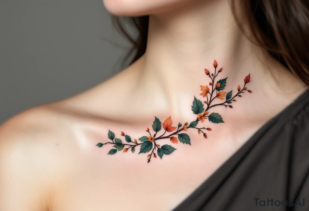 Two separate collarbone tattoos of long, stems and branches covered with red, orange, yellow and dark forest green leaves and flowers, fall themed, muted, delicate and gentle but moody, long and thin, following the collarbone. More muted, not so bright tattoo idea