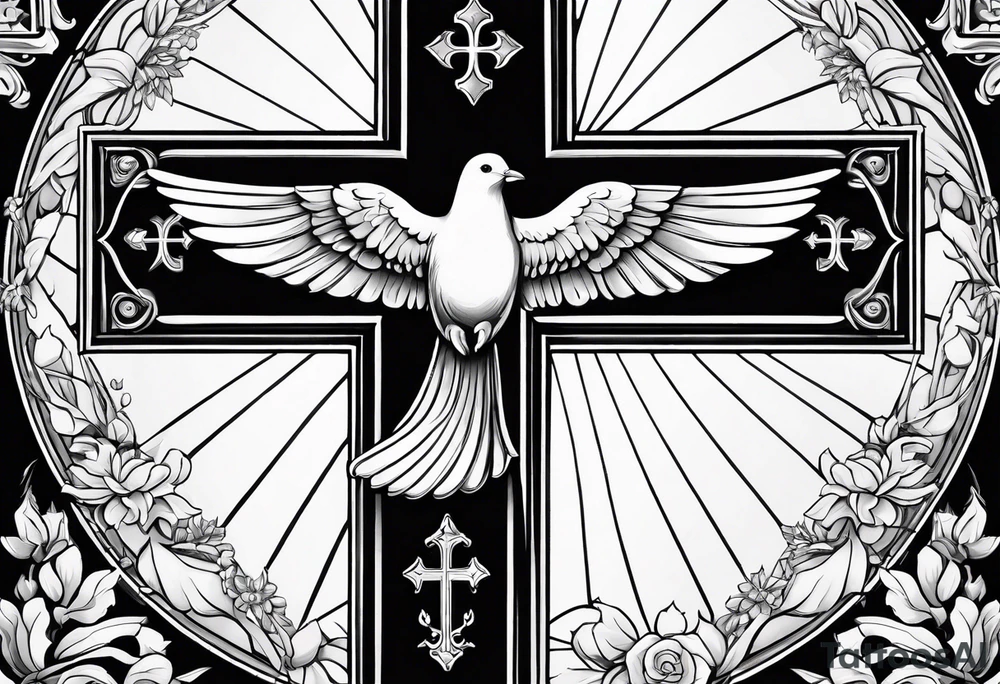 catholic cross in the back with prayer hands in the front with a white dove on the side tattoo idea
