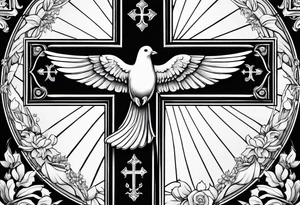 catholic cross in the back with prayer hands in the front with a white dove on the side tattoo idea