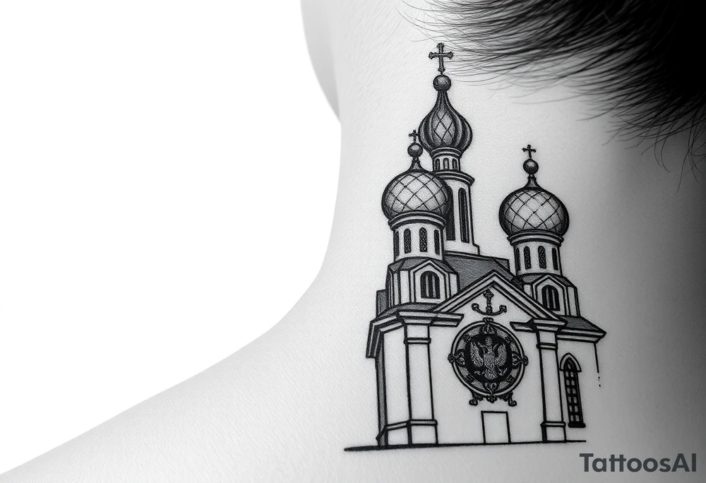 medium sized Russian orthodox church with bulb domes with a prominent russian orthodox coat of arms & virgin mary tattoo idea