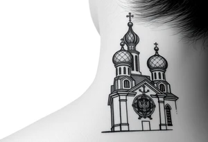 medium sized Russian orthodox church with bulb domes with a prominent russian orthodox coat of arms & virgin mary tattoo idea
