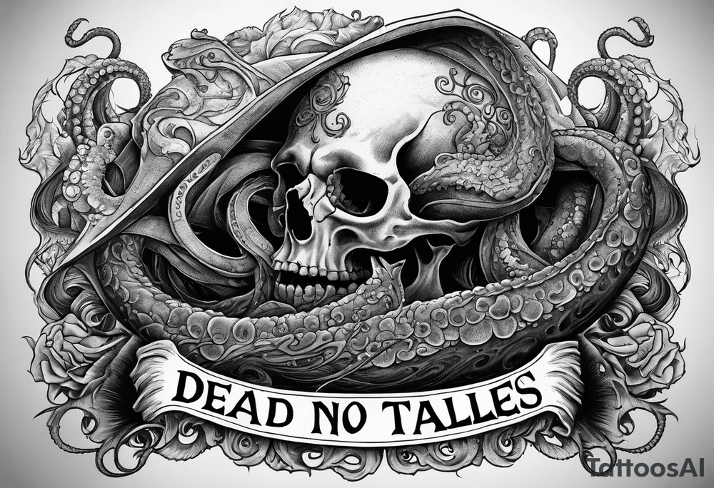 realistic and intricate depiction of the Kraken breaking a boat. Tentacles wrapping around the arm and interacting with a detailed skull.
"Dead men" text above the skull and "Tell no tales" below the skull. tattoo idea