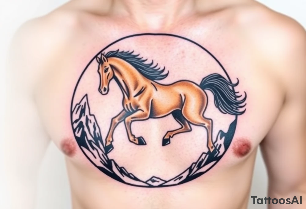 A golden mustang horse with black hair and legs in a circle where the mountain or nature is its contour to accompany the animal in full movement, running like a soul leading the devil. U can mix the mountains with the back haird black of the horse. tattoo idea