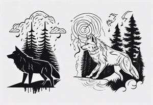 thunderstorm over a forest and a wolf howling tattoo idea