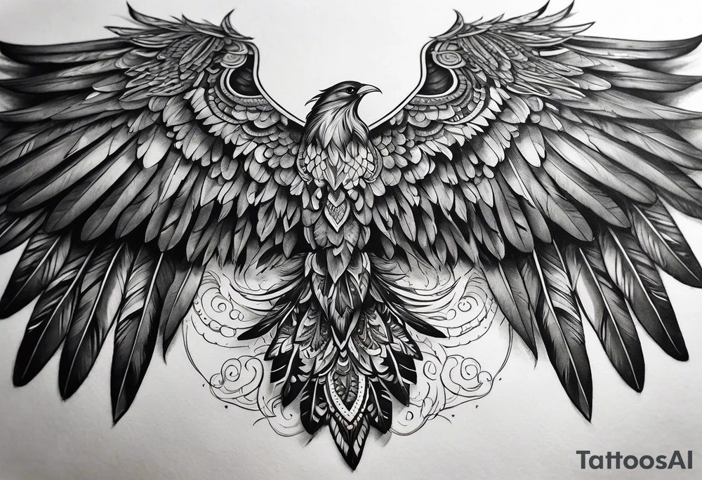 wings tattoo extending from a mens shoulders, covering the upper arms and upper back. The feathers are intricately detailed, with soft shading in black and gray to create depth and texture. tattoo idea