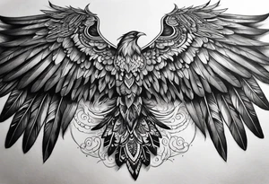 wings tattoo extending from a mens shoulders, covering the upper arms and upper back. The feathers are intricately detailed, with soft shading in black and gray to create depth and texture. tattoo idea