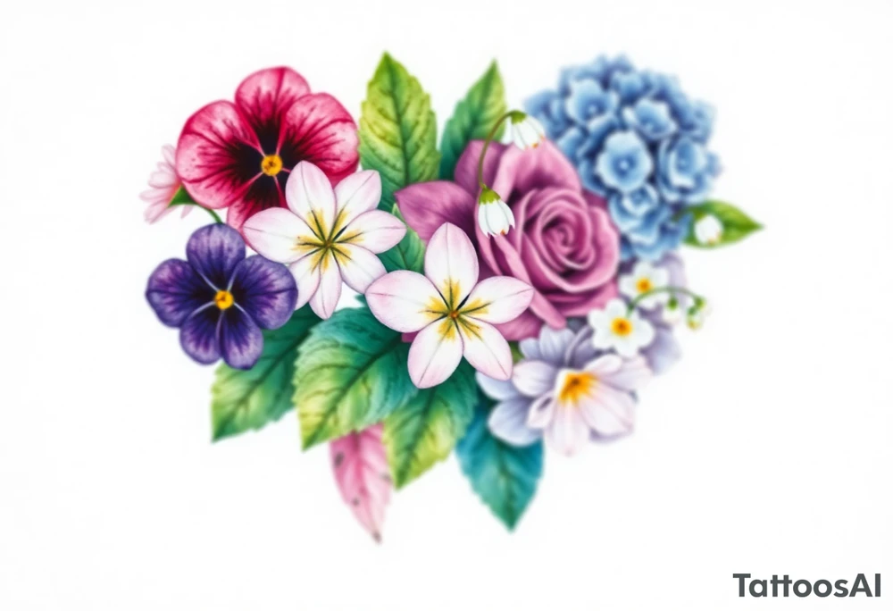 African violet, Daisy, Lily of the valley, Rose, hydrangea in a flower pot. Light color shading tattoo idea